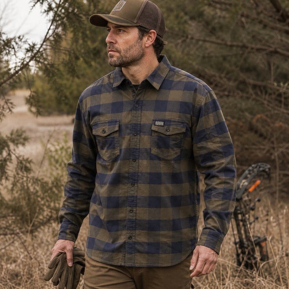 MTN OPS Men’s XL Plaid Flannel Shirt Blue Olive Stretch Hunting Outdoor Pockets